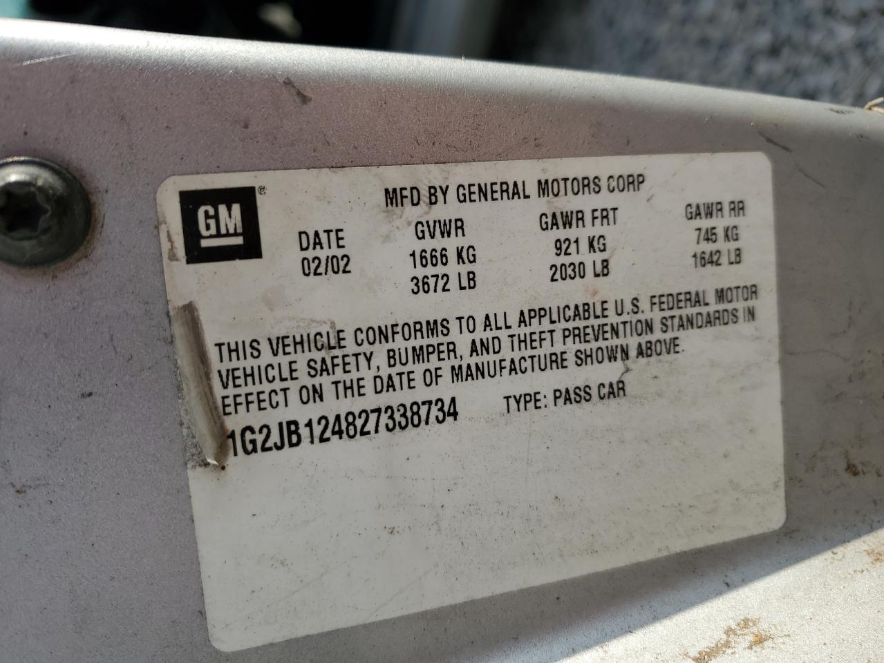 2002 Pontiac Sunfire Se VIN: 1G2JB124827338734 Lot: 91928715