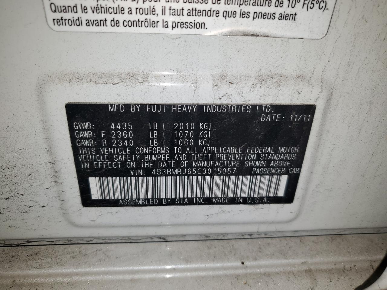 2012 Subaru Legacy 2.5I Limited VIN: 4S3BMBJ65C3015057 Lot: 91255745