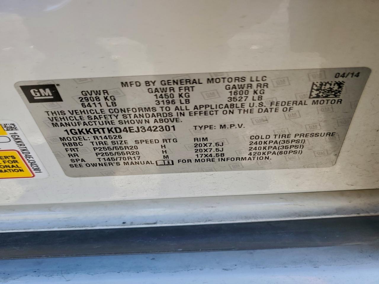 2014 GMC Acadia Denali VIN: 1GKKRTKD4EJ342301 Lot: 94373835
