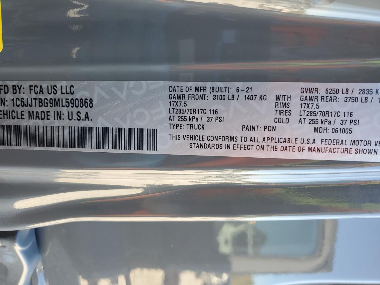 2021 Jeep Gladiator Rubicon VIN: 1C6JJTBG9ML590868 Lot: 90657185