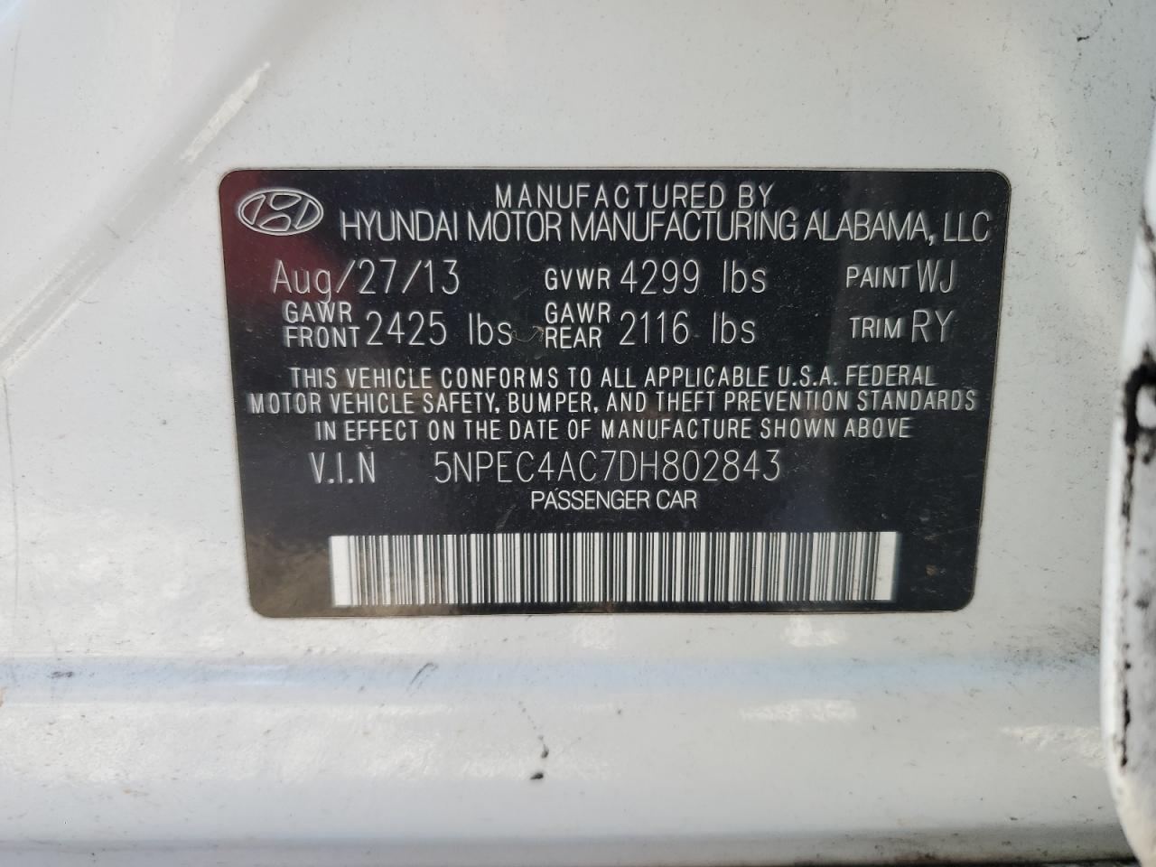 2013 Hyundai Sonata Se VIN: 5NPEC4AC7DH802843 Lot: 93216725