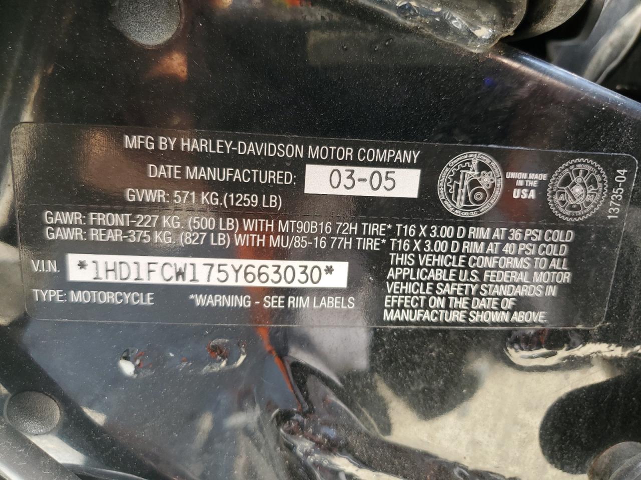 2005 Harley-Davidson Flhtcui VIN: 1HD1FCW175Y663030 Lot: 92659775