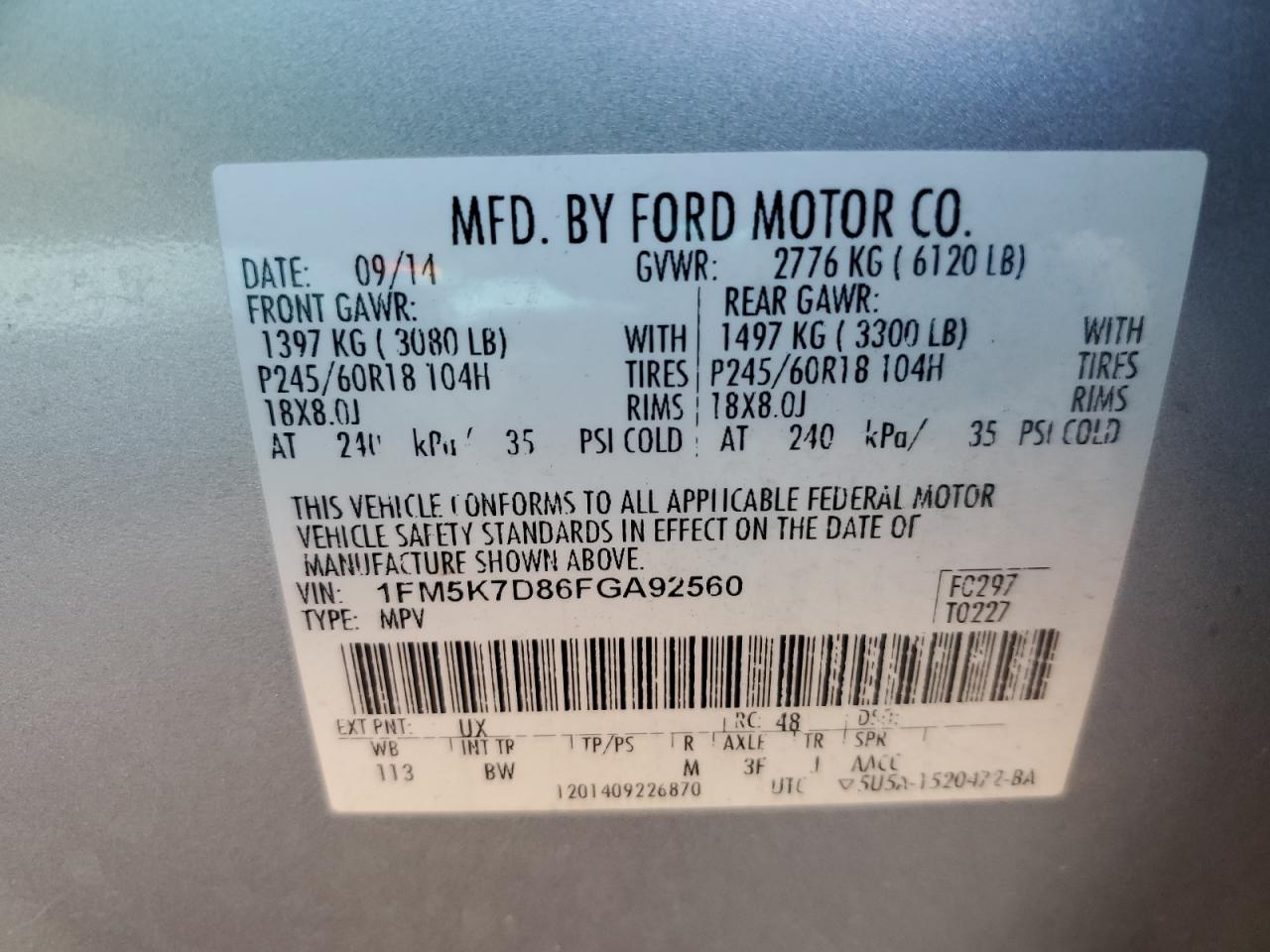 2015 Ford Explorer Xlt VIN: 1FM5K7D86FGA92560 Lot: 92091935