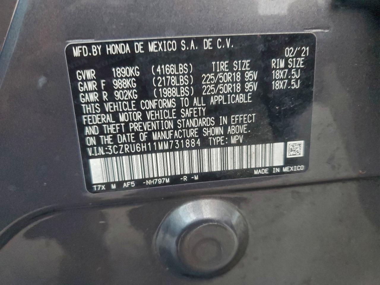 2021 Honda Hr-V Sport VIN: 3CZRU6H11MM731884 Lot: 94143255