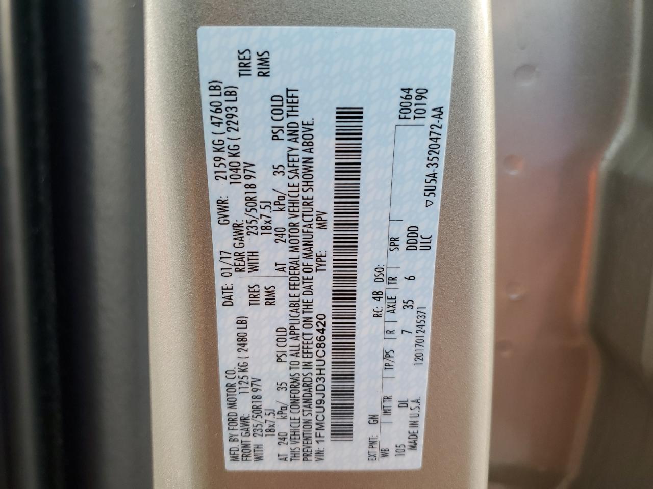 2017 Ford Escape Titanium VIN: 1FMCU9JD3HUC86420 Lot: 92281995