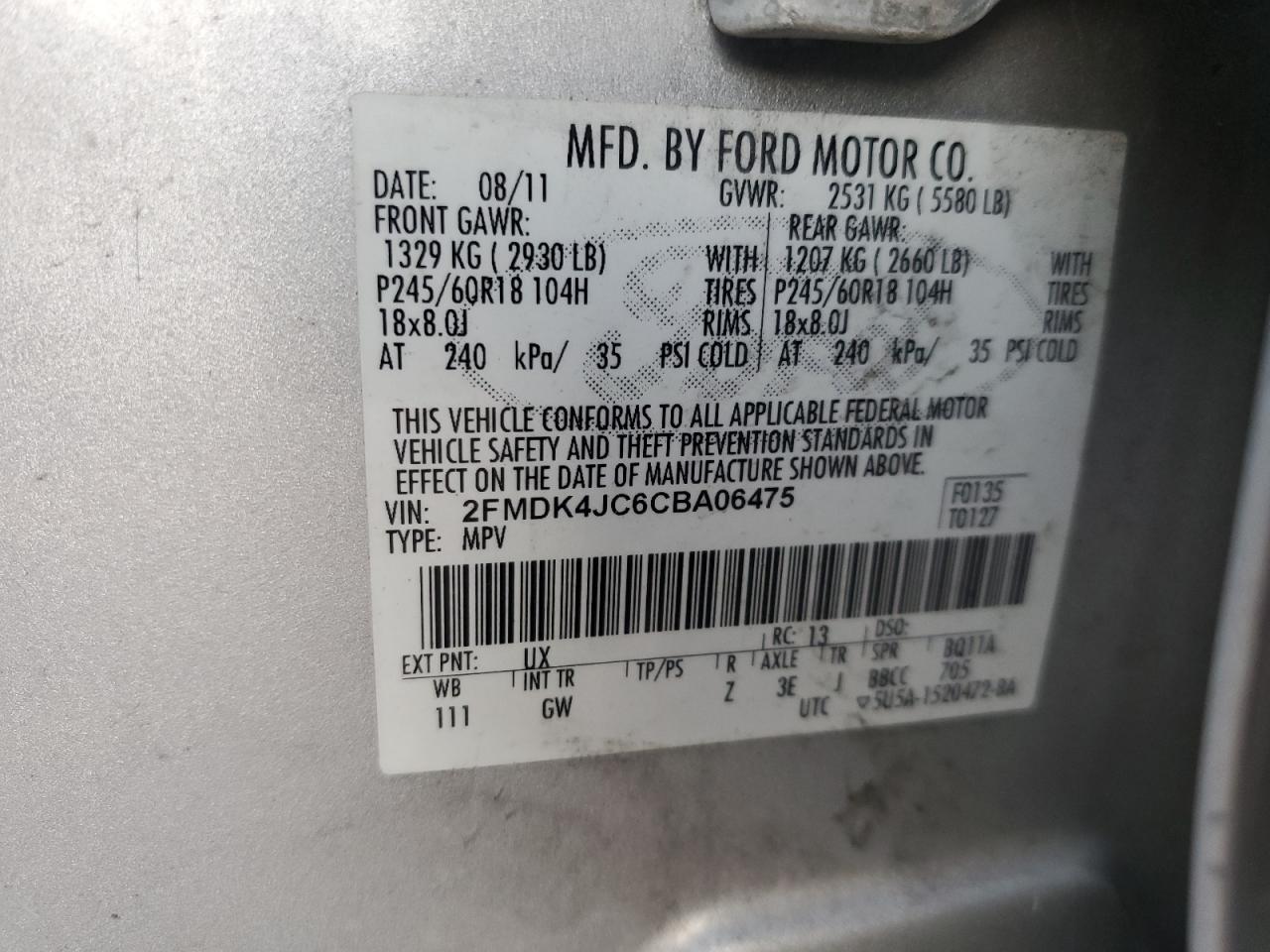 2012 Ford Edge Sel VIN: 2FMDK4JC6CBA06475 Lot: 92813565