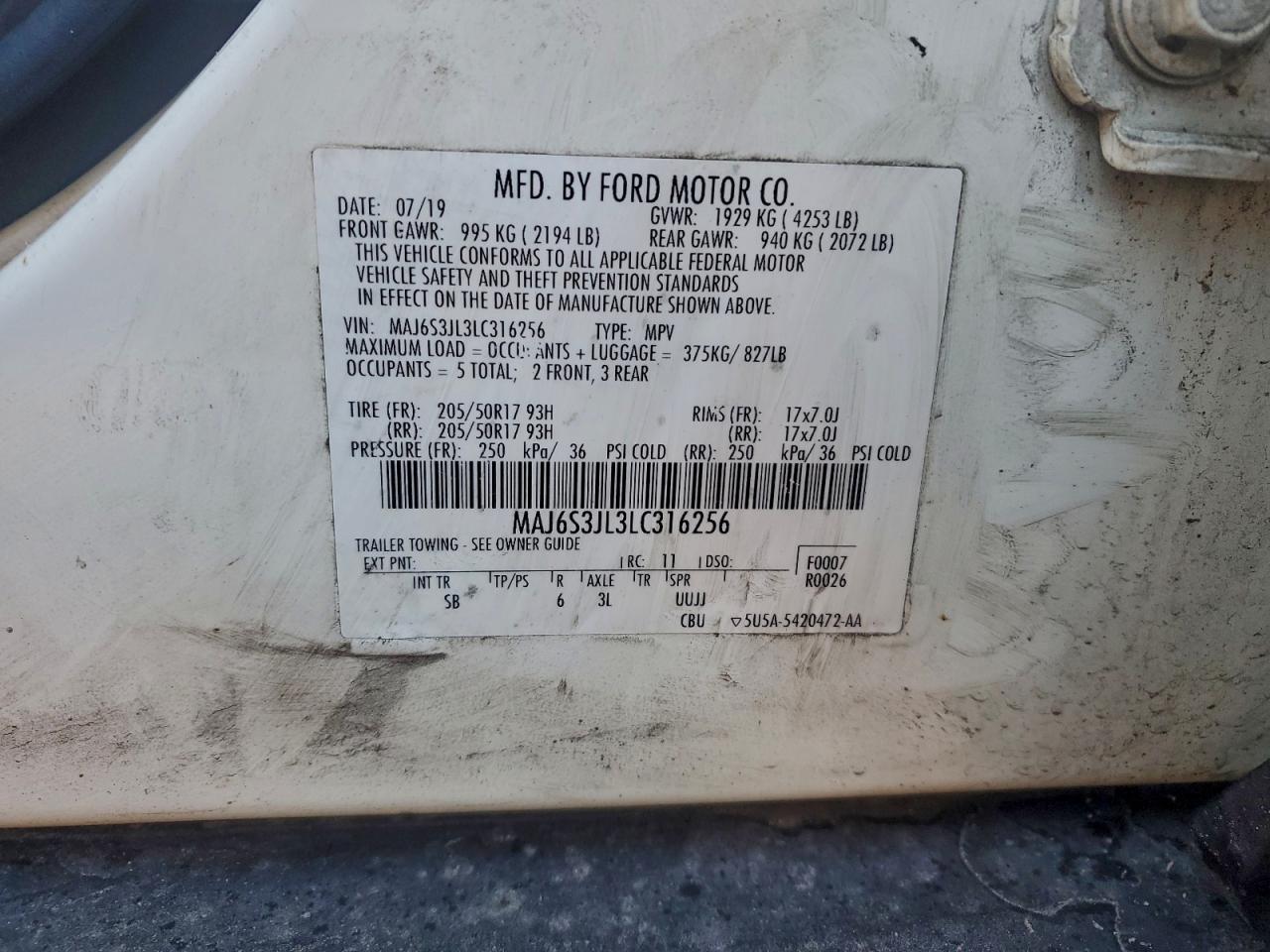 2020 Ford Ecosport Ses VIN: MAJ6S3JL3LC316256 Lot: 93233415