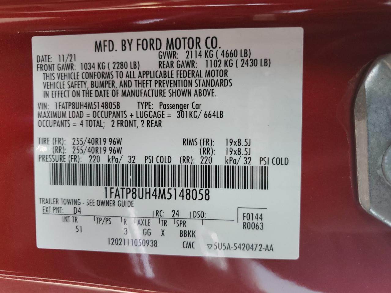 2021 Ford Mustang VIN: 1FATP8UH4M5148058 Lot: 91792155