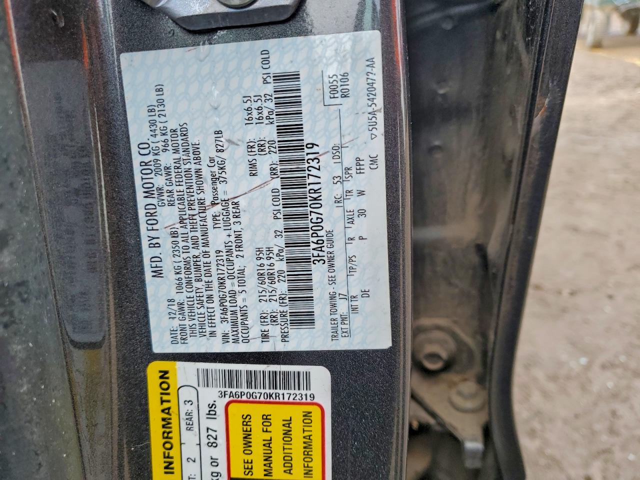 2019 Ford Fusion S VIN: 3FA6P0G70KR172319 Lot: 94105385