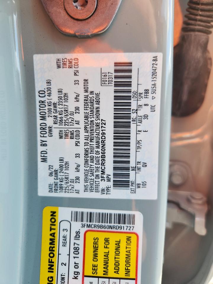 2022 Ford Bronco Sport Big Bend VIN: 3FMCR9B60NRD91727 Lot: 93227245