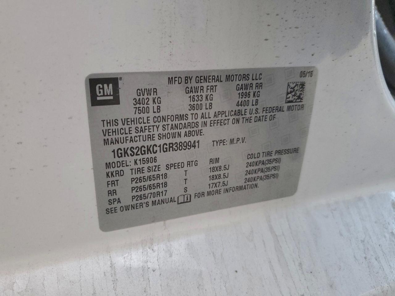 2016 GMC Yukon Xl K1500 Slt VIN: 1GKS2GKC1GR389941 Lot: 94381215