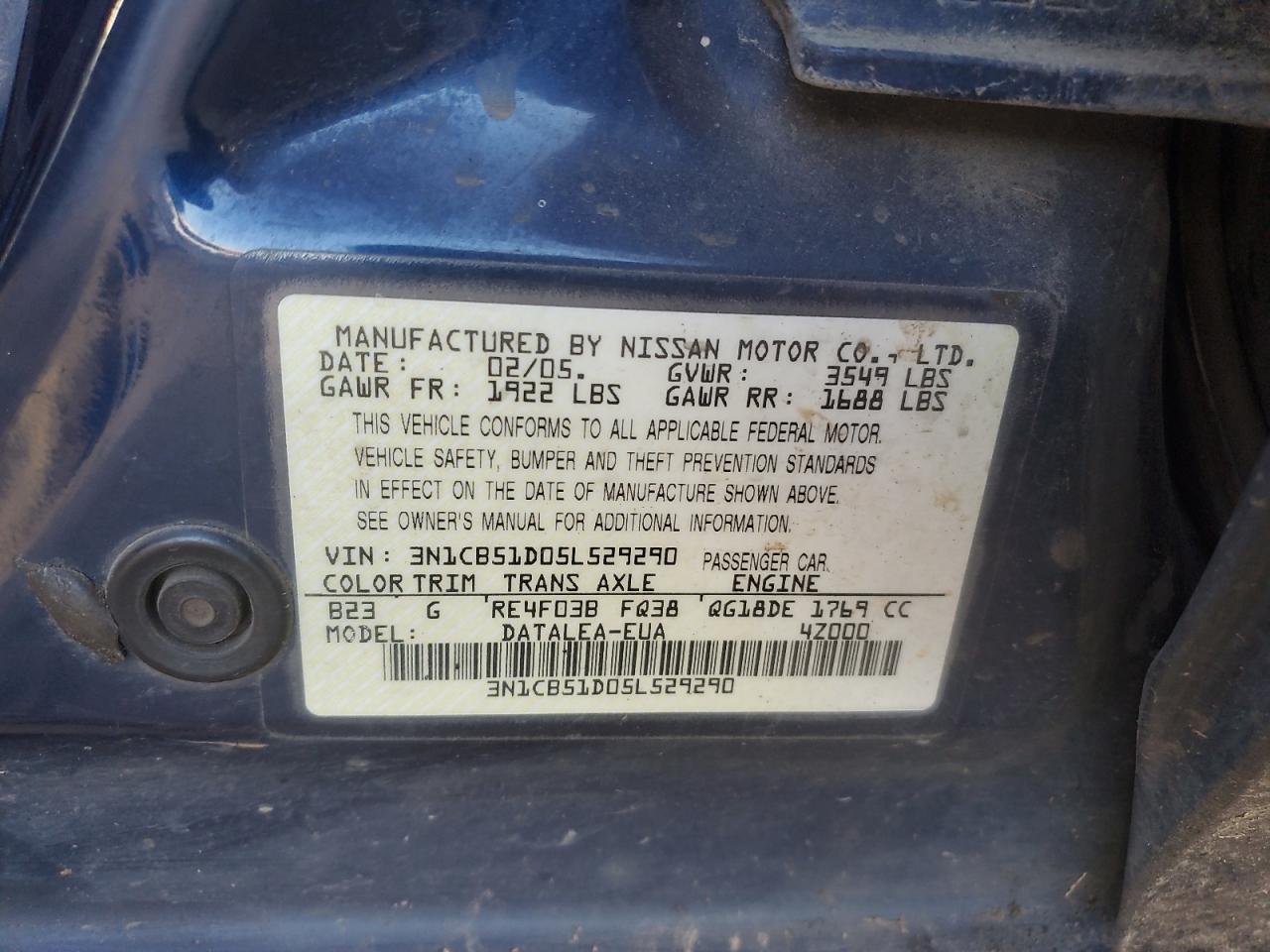 2005 Nissan Sentra 1.8 VIN: 3N1CB51D05L529290 Lot: 91915195