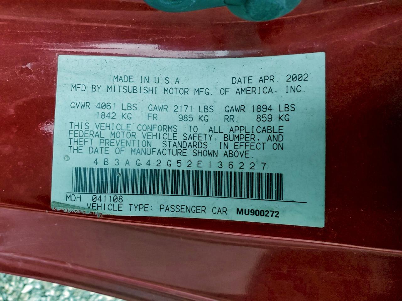 2002 Dodge Stratus Se VIN: 4B3AG42G52E136227 Lot: 94155225