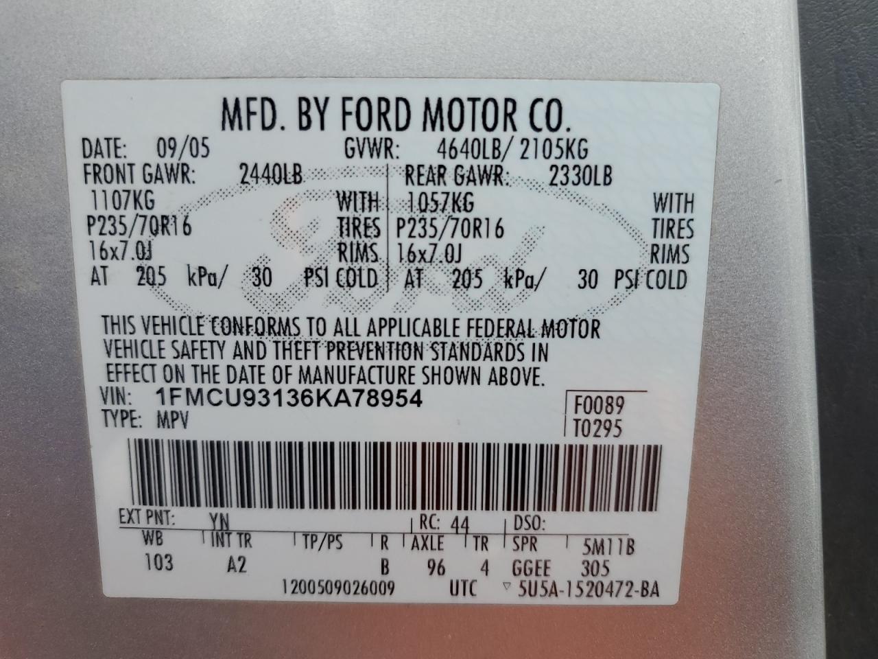 2006 Ford Escape Xlt VIN: 1FMCU93136KA78954 Lot: 93228165