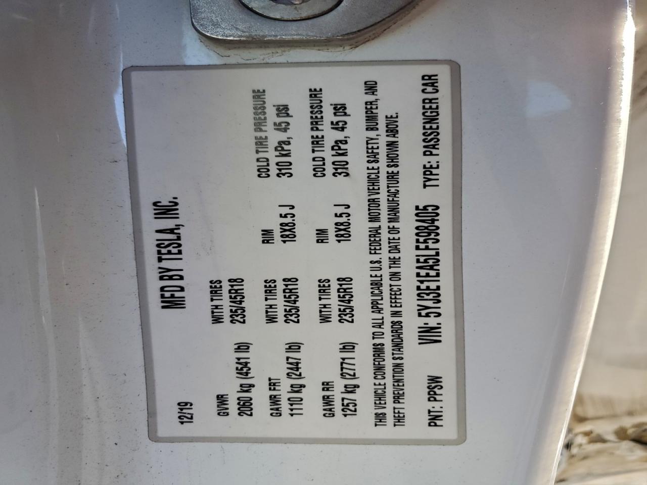 2020 Tesla Model 3 VIN: 5YJ3E1EA5LF598405 Lot: 94583625