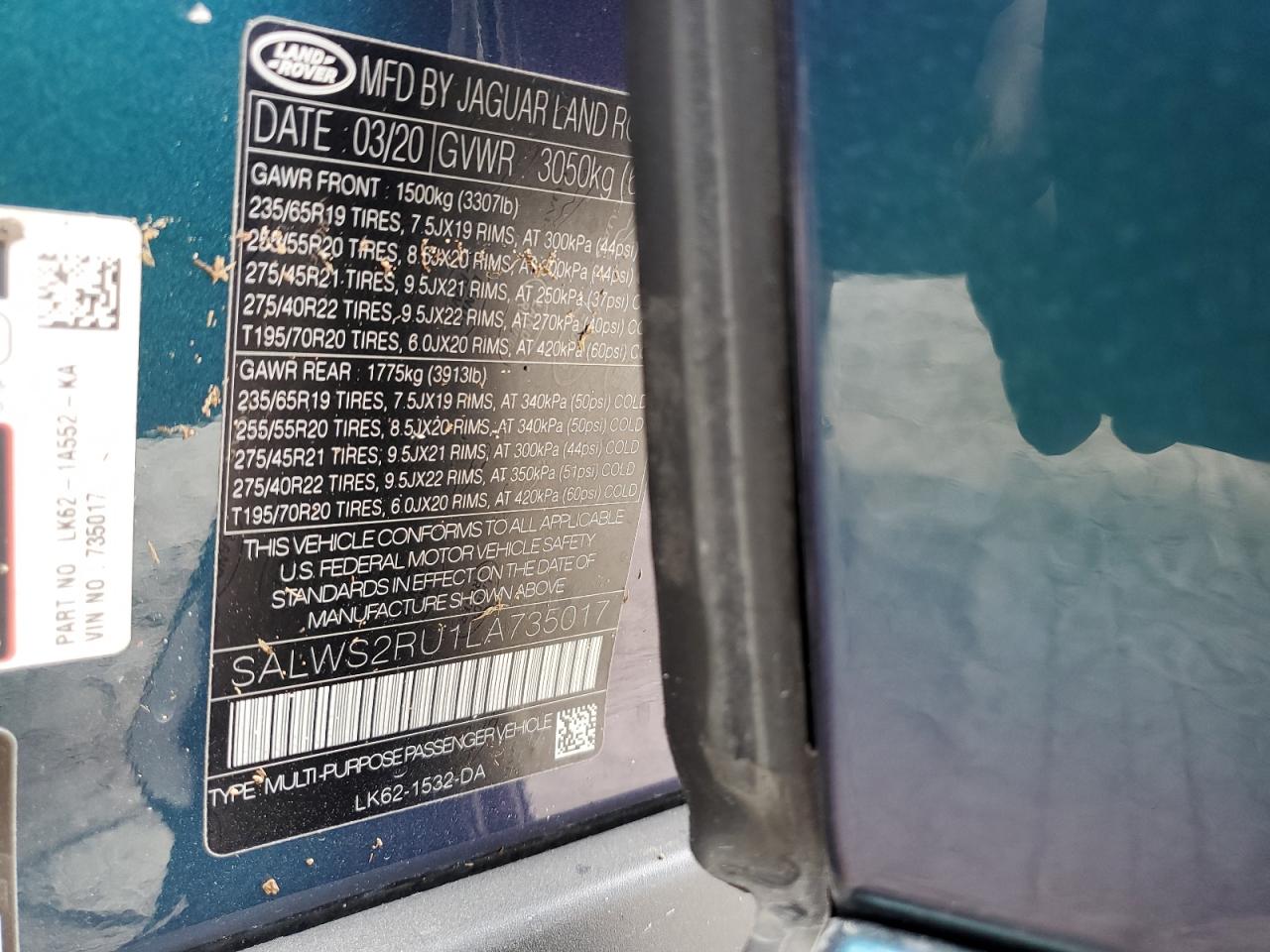 2020 Land Rover Range Rover Sport Hst VIN: SALWS2RU1LA735017 Lot: 90916905