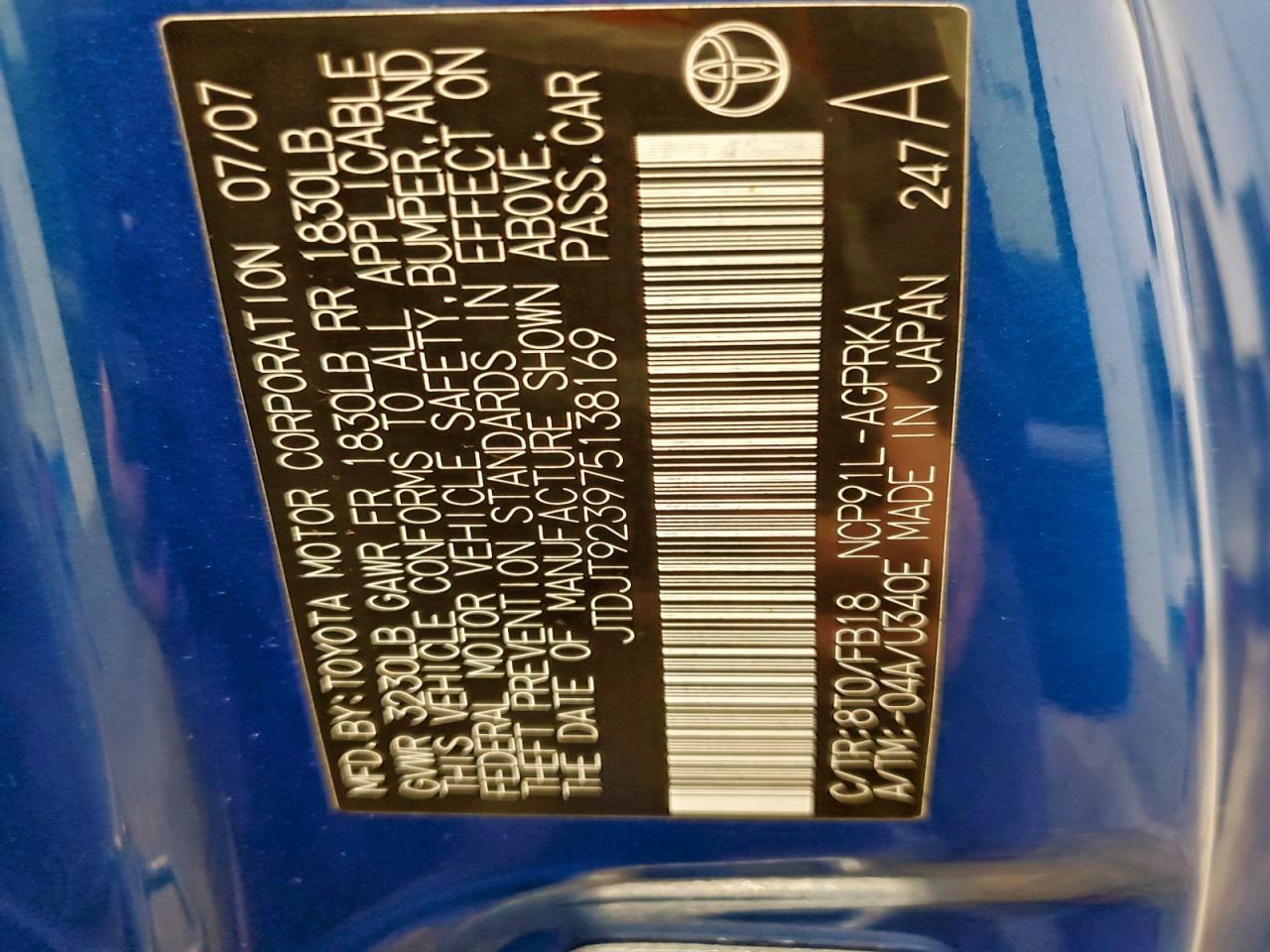 2007 Toyota Yaris VIN: JTDJT923975138169 Lot: 94310415