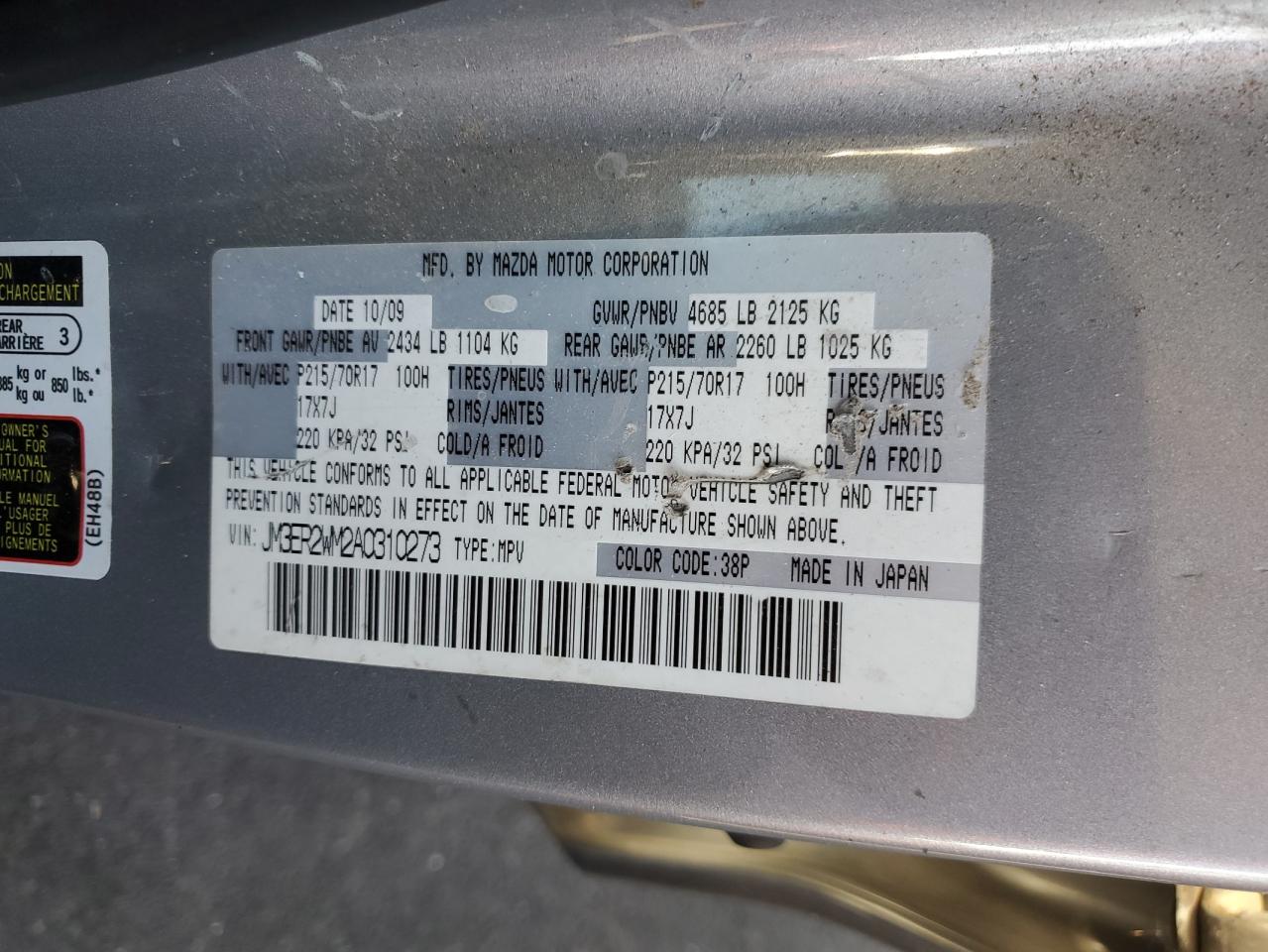 2010 Mazda Cx-7 VIN: JM3ER2WM2A0310273 Lot: 92059435