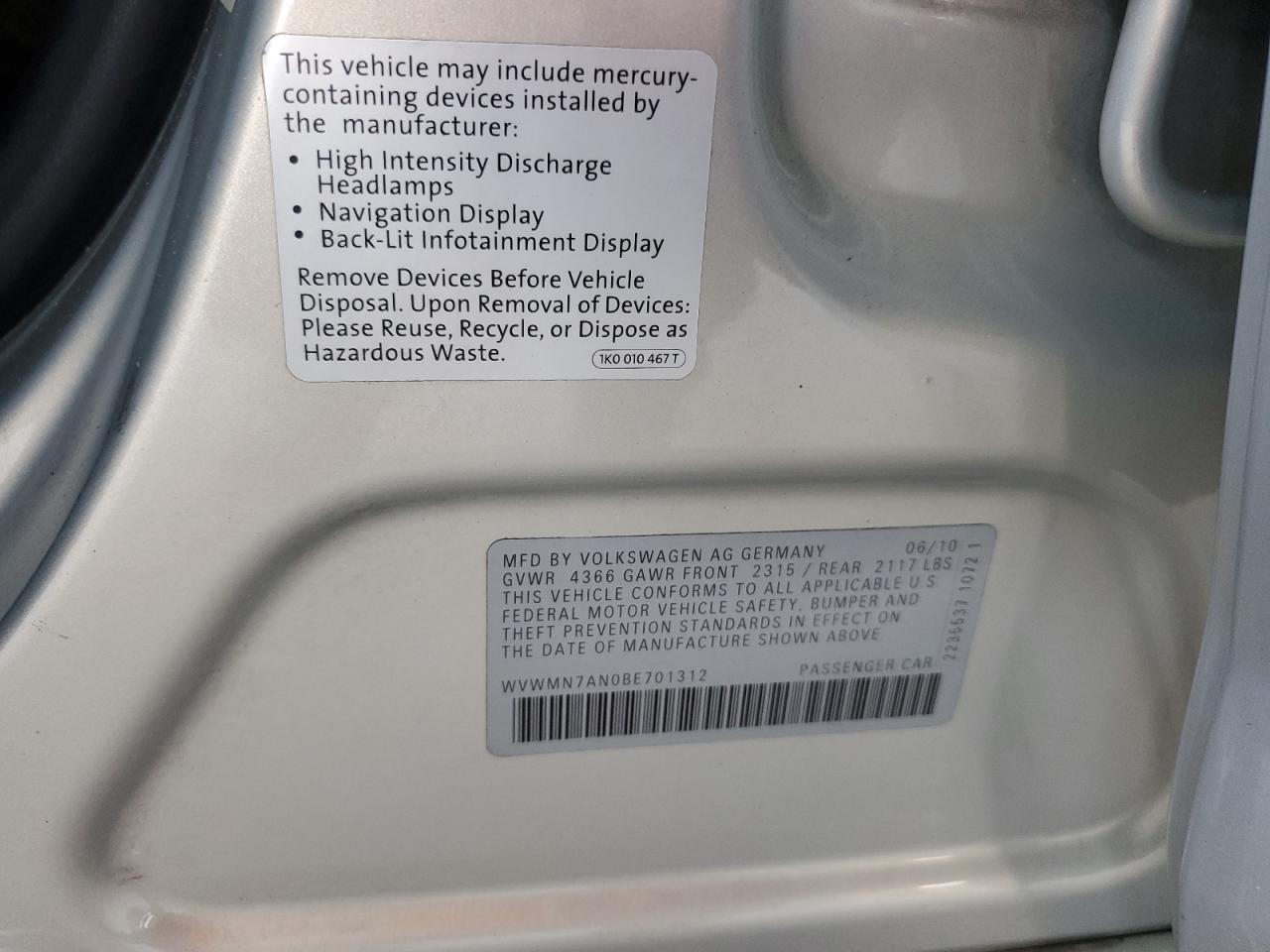 2011 Volkswagen Cc Sport VIN: WVWMN7AN0BE701312 Lot: 91892545