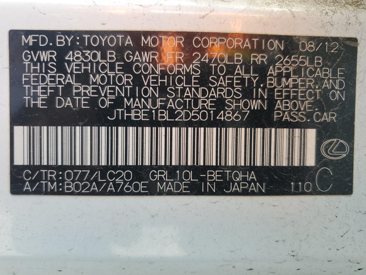 2013 Lexus Gs 350 VIN: JTHBE1BL2D5014867 Lot: 93442605