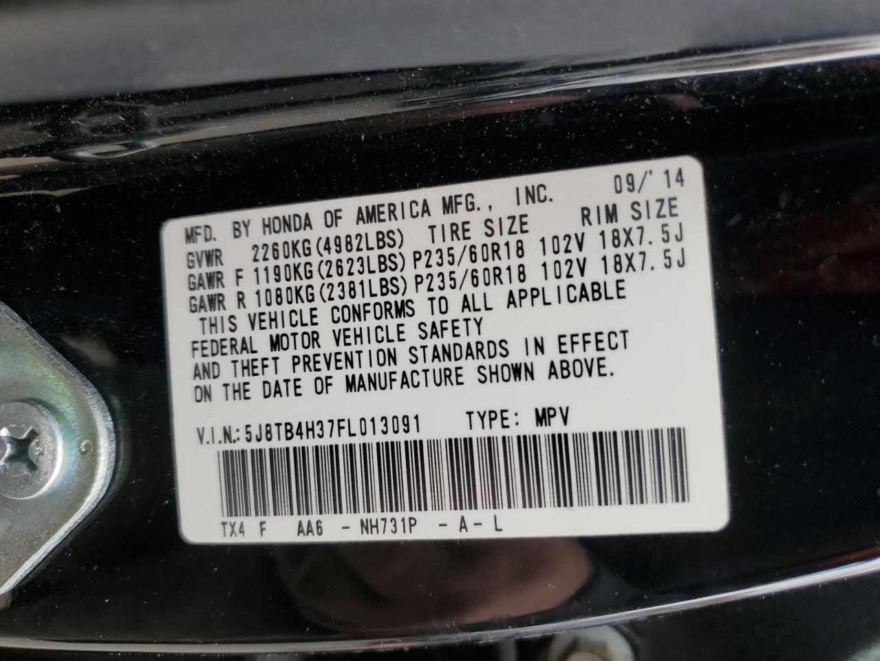 2015 Acura Rdx VIN: 5J8TB4H37FL013091 Lot: 90982815