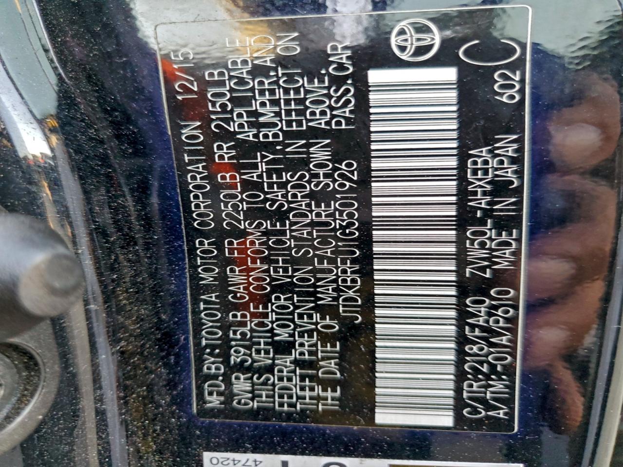 2016 Toyota Prius VIN: JTDKBRFU1G3501926 Lot: 93645245