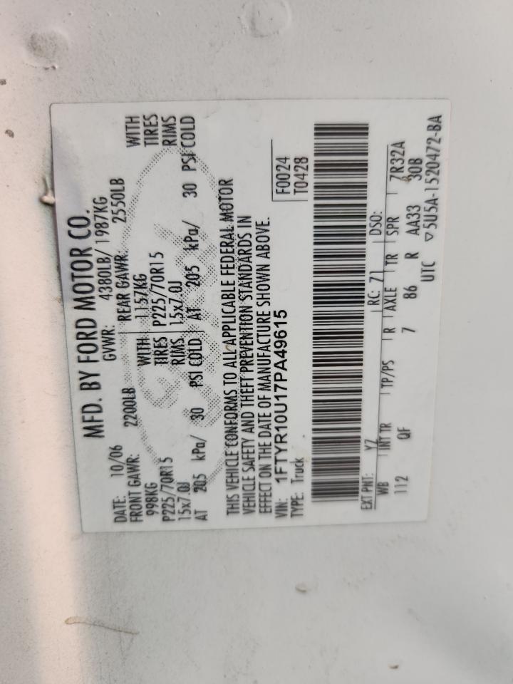 2007 Ford Ranger VIN: 1FTYR10U17PA49615 Lot: 92111665