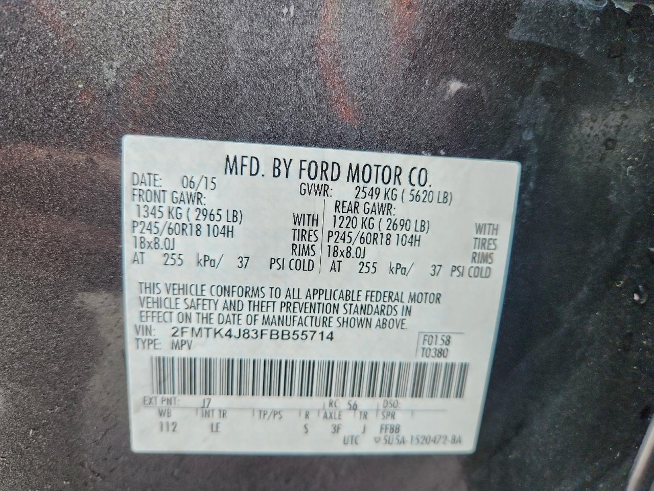 2015 Ford Edge Sel VIN: 2FMTK4J83FBB55714 Lot: 93884855