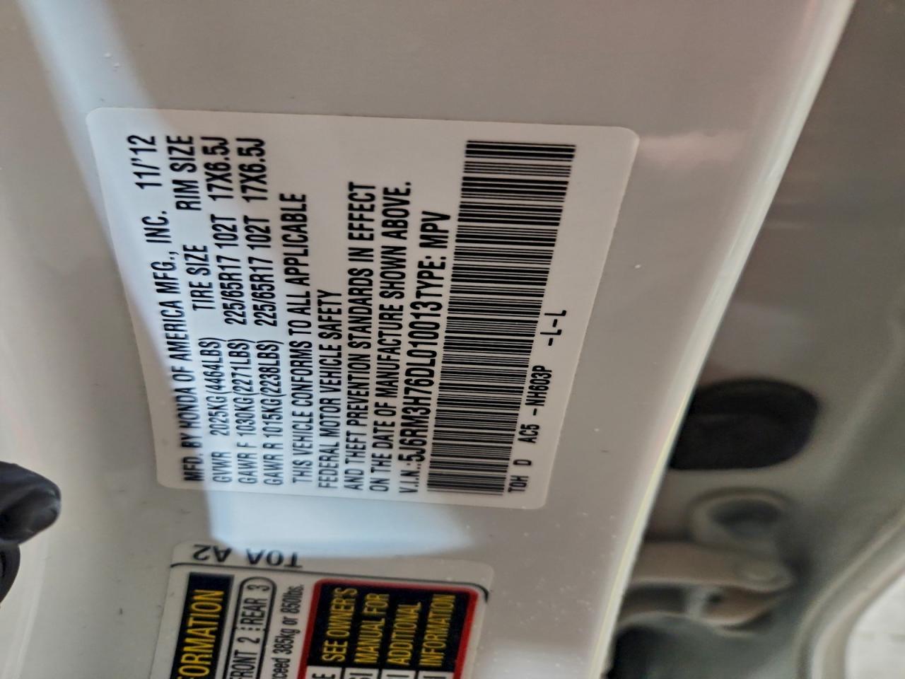 2013 Honda Cr-V Exl VIN: 5J6RM3H76DL010013 Lot: 94117015