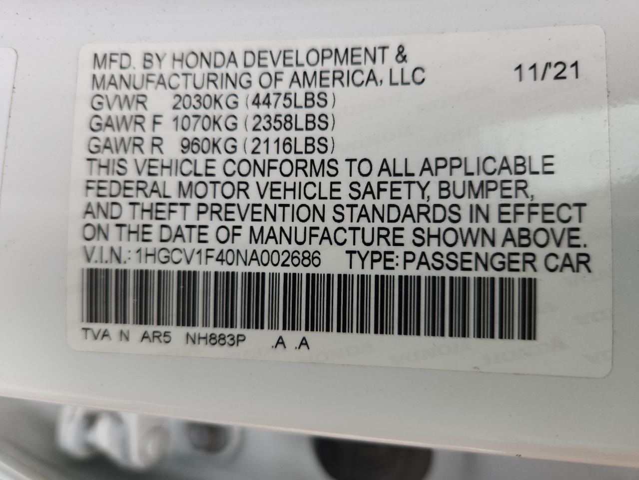 2022 Honda Accord Sport Se VIN: 1HGCV1F40NA002686 Lot: 91926745