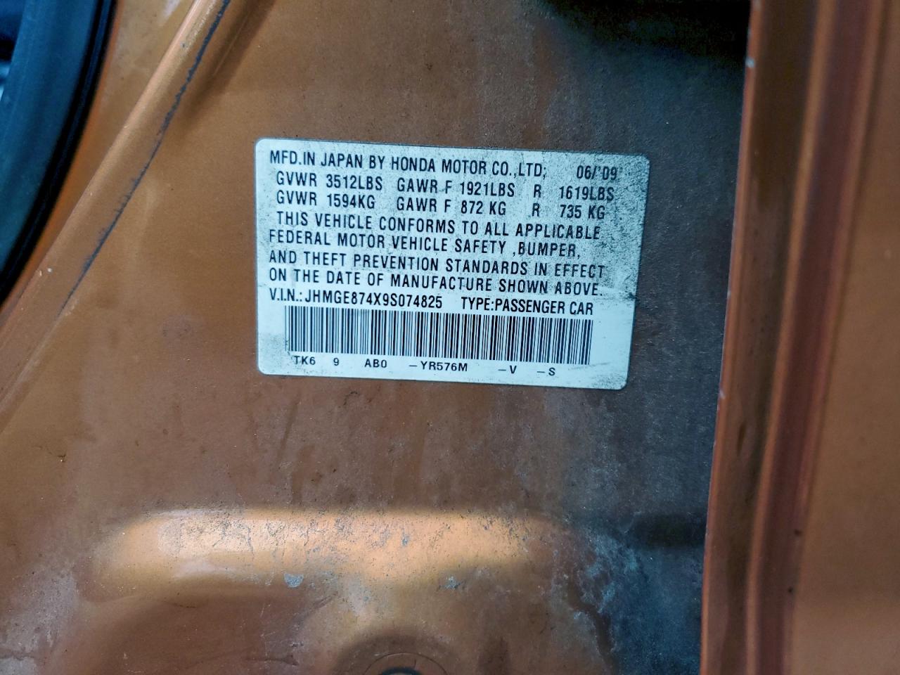 2009 Honda Fit Sport VIN: JHMGE874X9S074825 Lot: 93369135