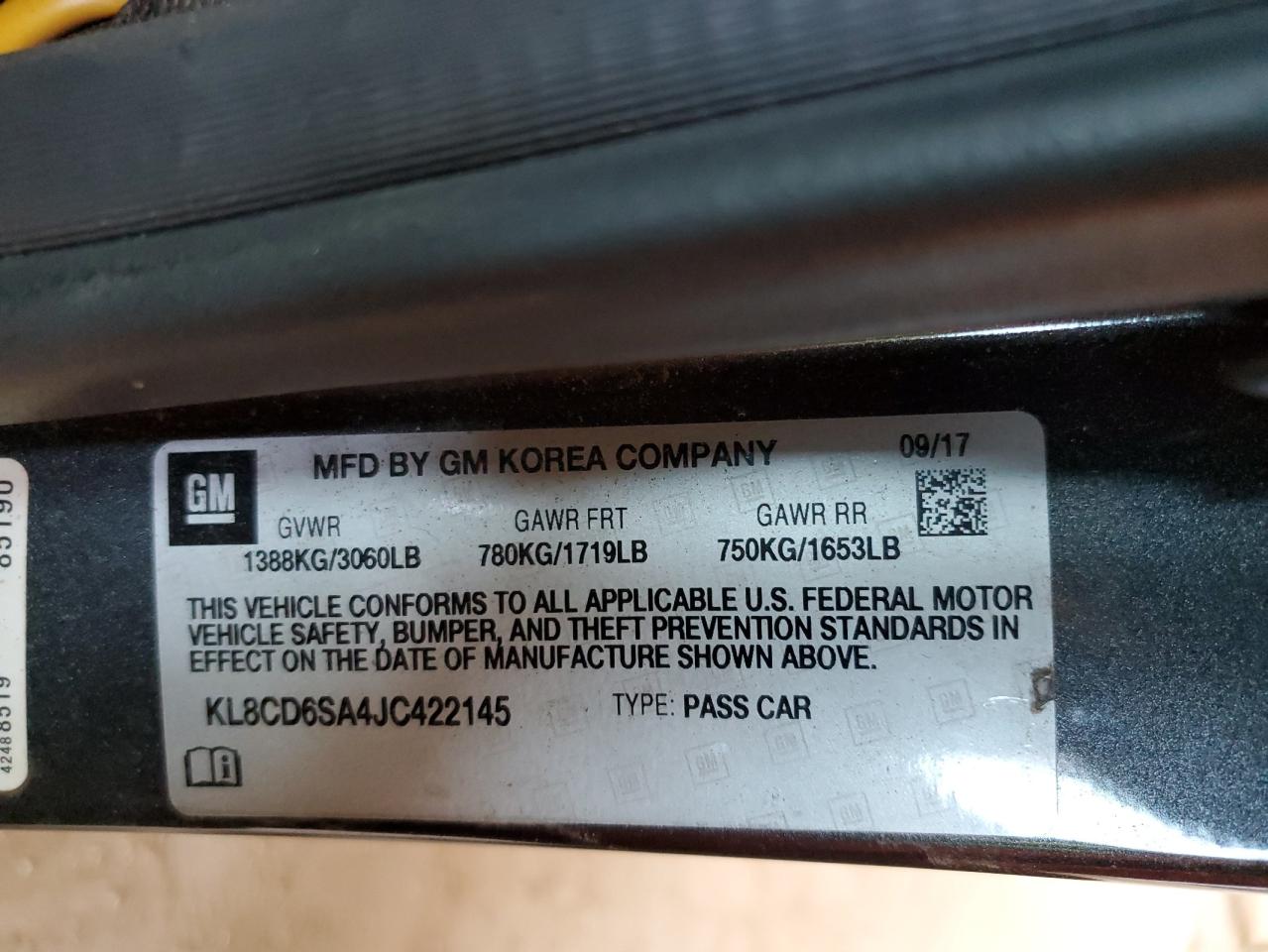 2018 Chevrolet Spark 1Lt VIN: KL8CD6SA4JC422145 Lot: 92701935