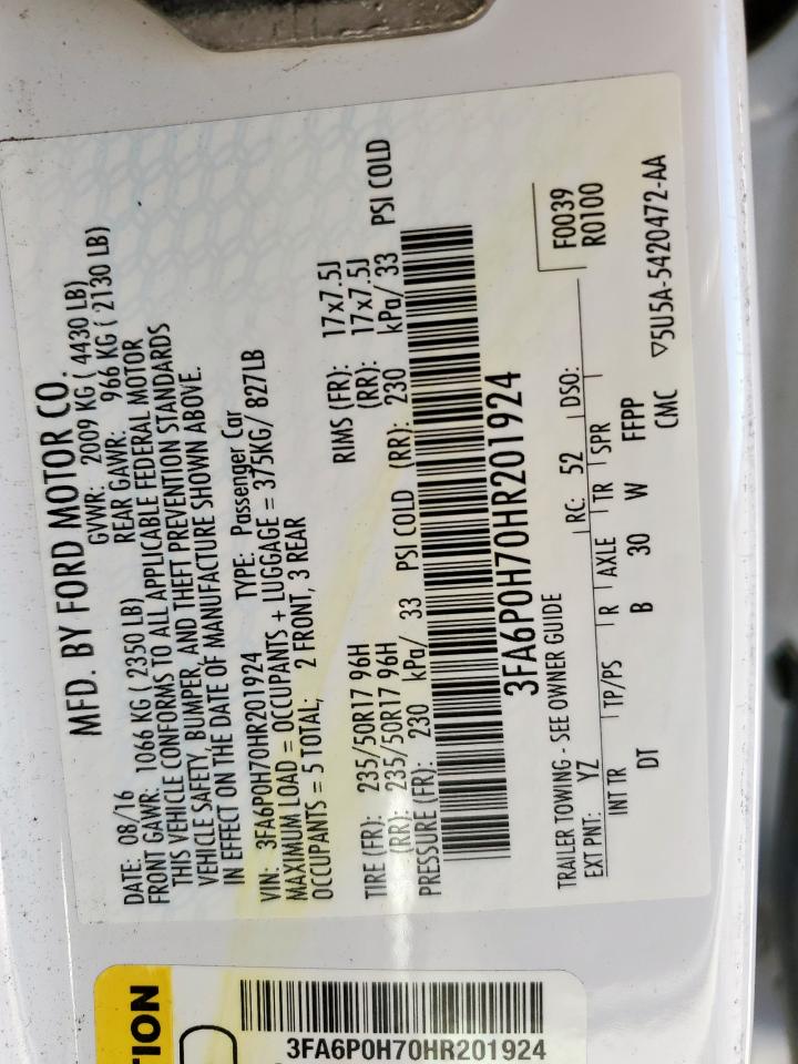 2017 Ford Fusion Se VIN: 3FA6P0H70HR201924 Lot: 91857695