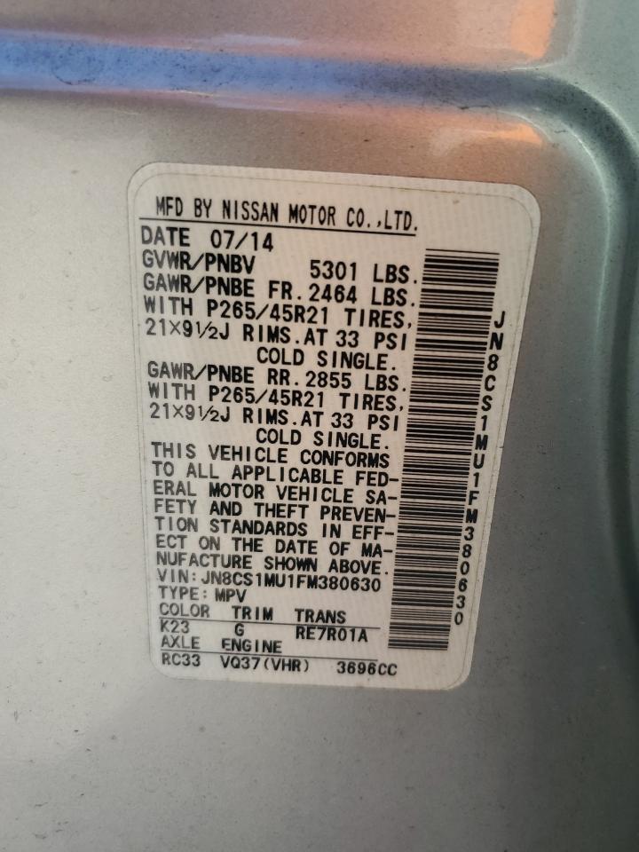 2015 Infiniti Qx70 VIN: JN8CS1MU1FM380630 Lot: 92976305