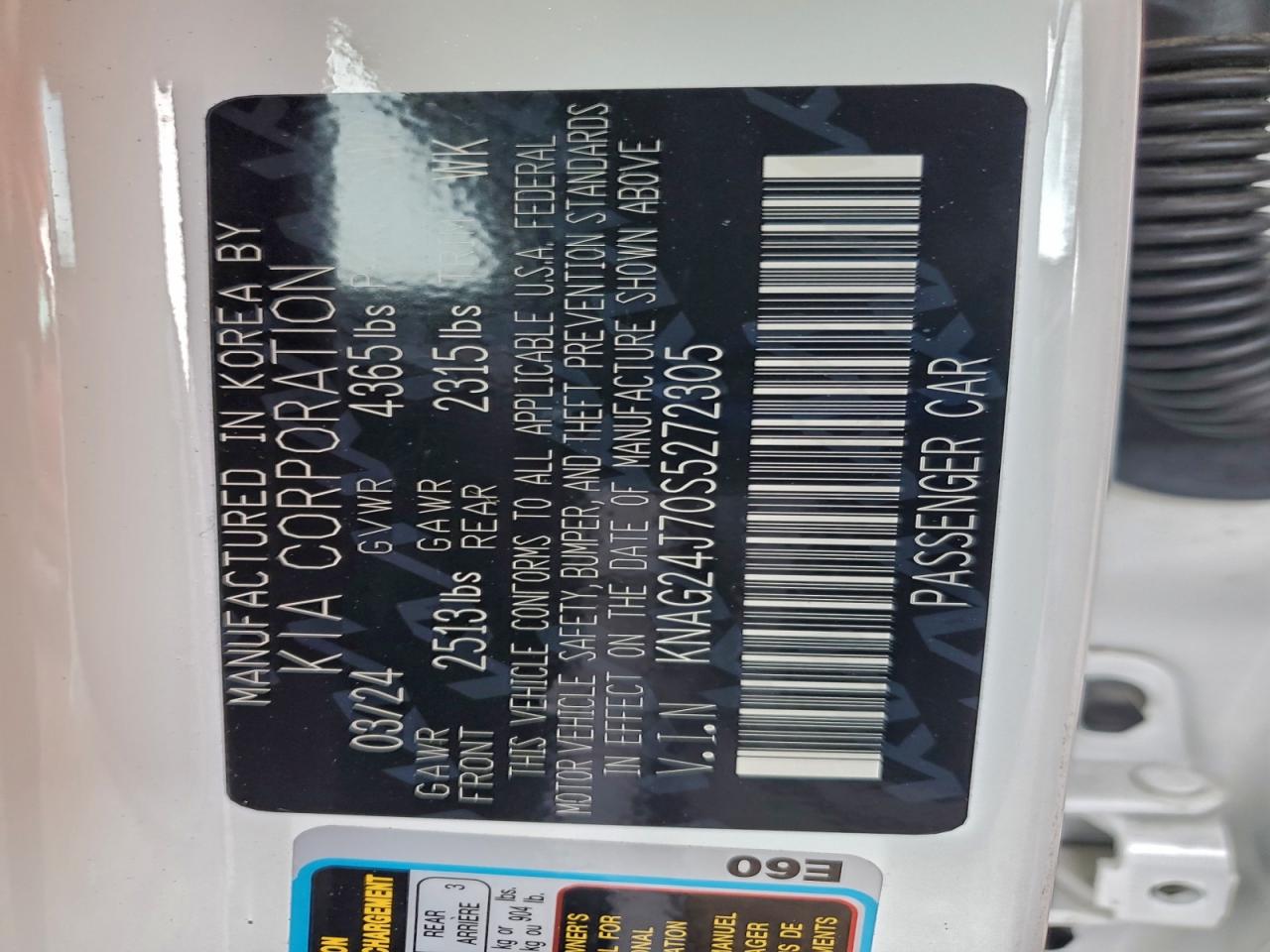 2025 Kia K5 Lxs VIN: KNAG24J70S5272305 Lot: 93728565