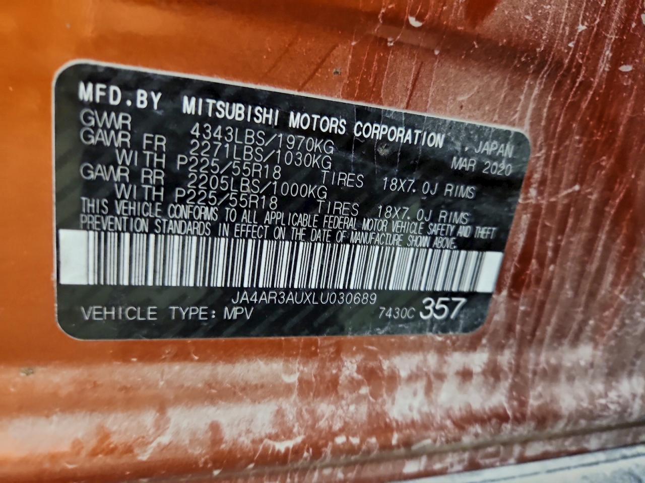 2020 Mitsubishi Outlander Sport Es VIN: JA4AR3AUXLU030689 Lot: 93678155