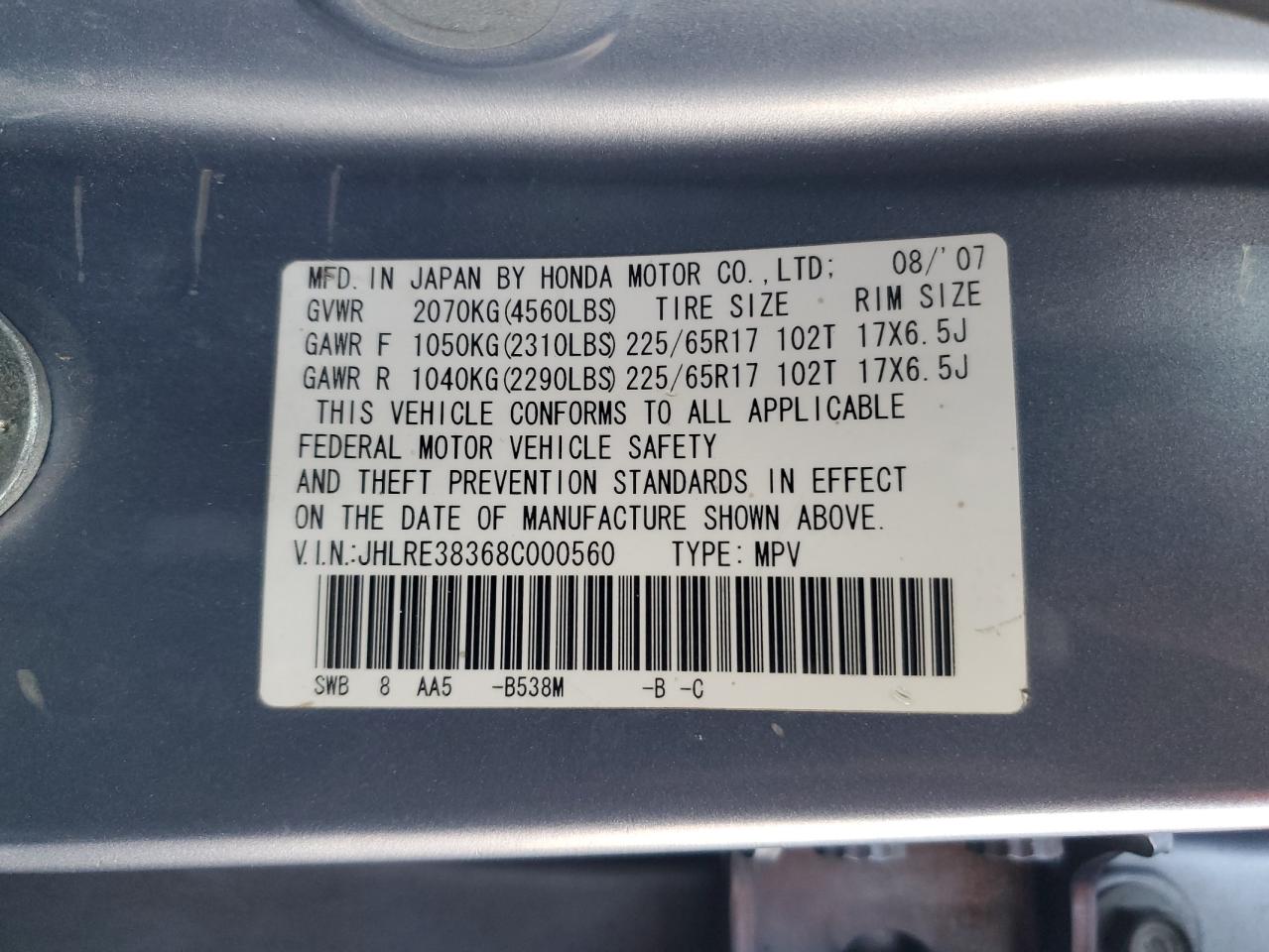 2008 Honda Cr-V Lx VIN: JHLRE38368C000560 Lot: 93646525