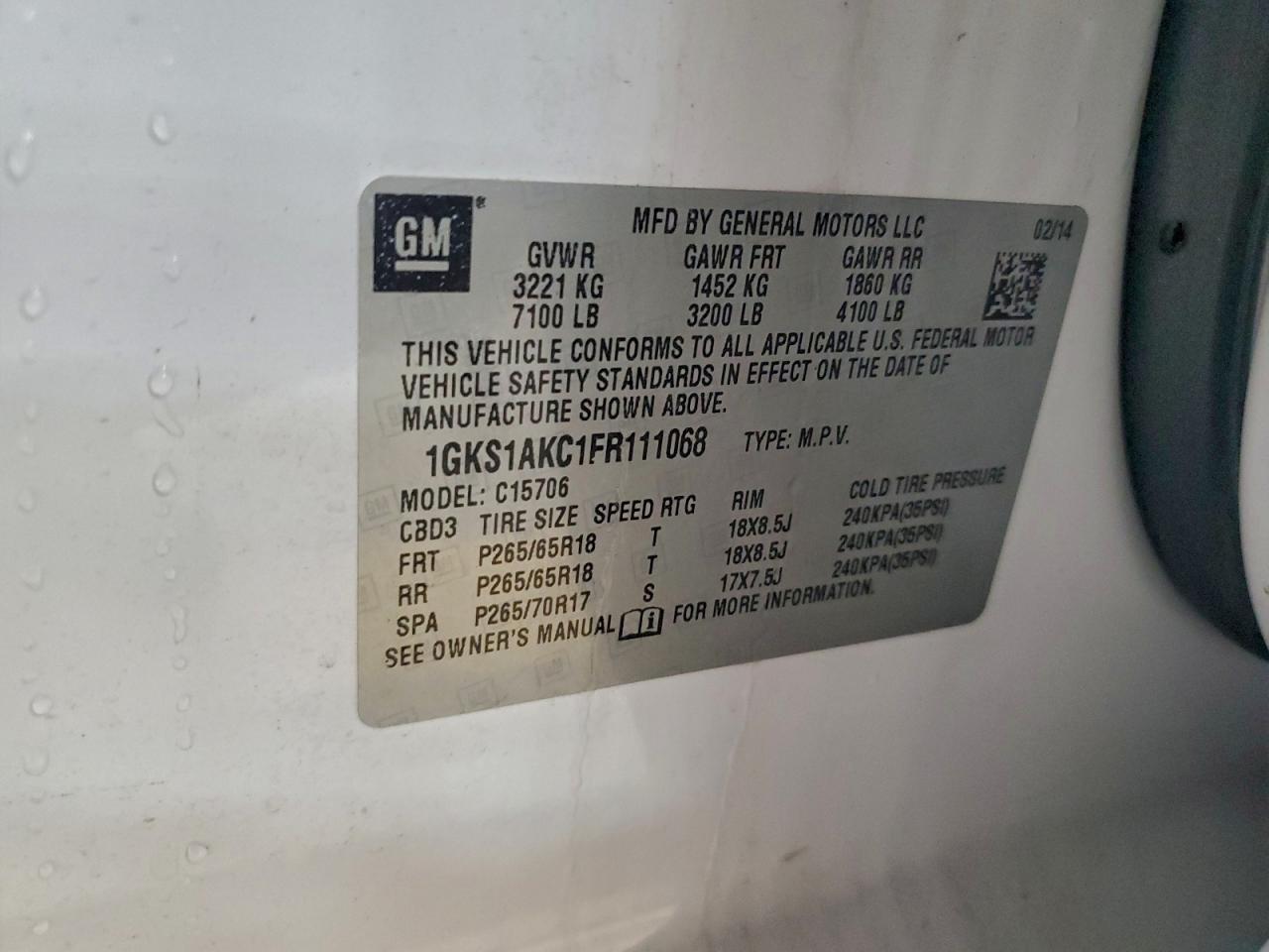 2015 GMC Yukon Sle VIN: 1GKS1AKC1FR111068 Lot: 94536145