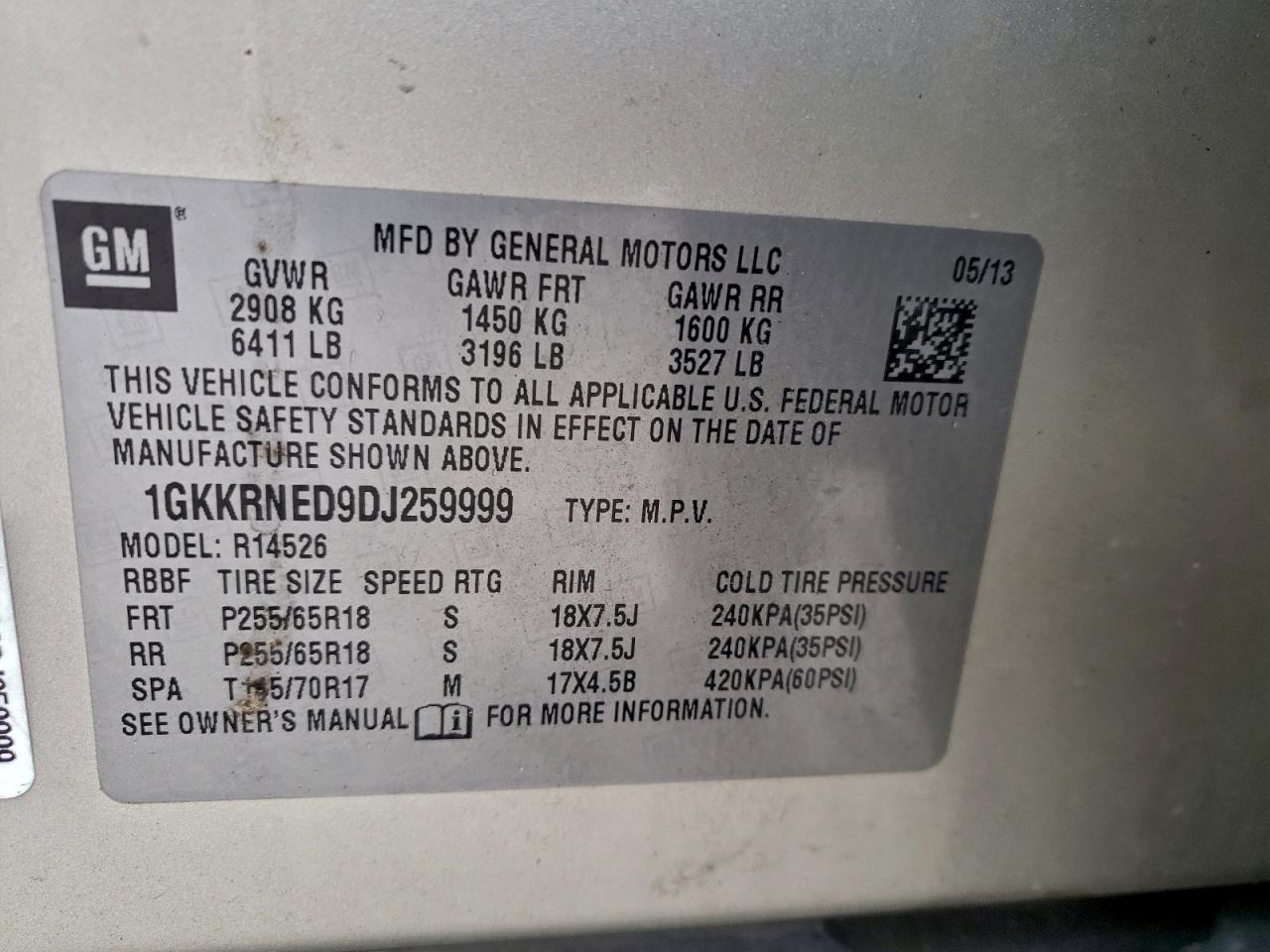 2013 GMC Acadia Sle VIN: 1GKKRNED9DJ259999 Lot: 93242845