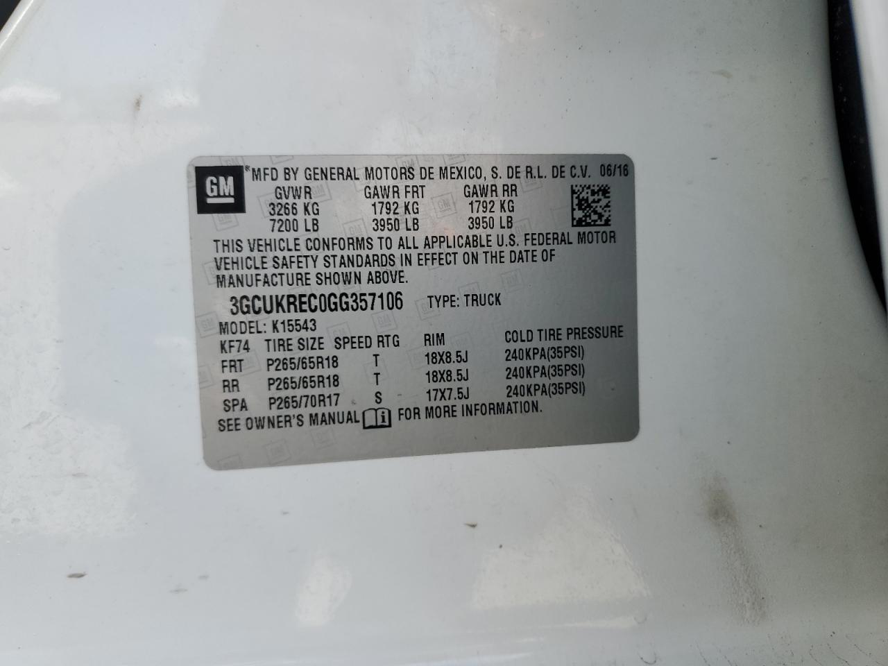 2016 Chevrolet Silverado K1500 Lt VIN: 3GCUKREC0GG357106 Lot: 96710105