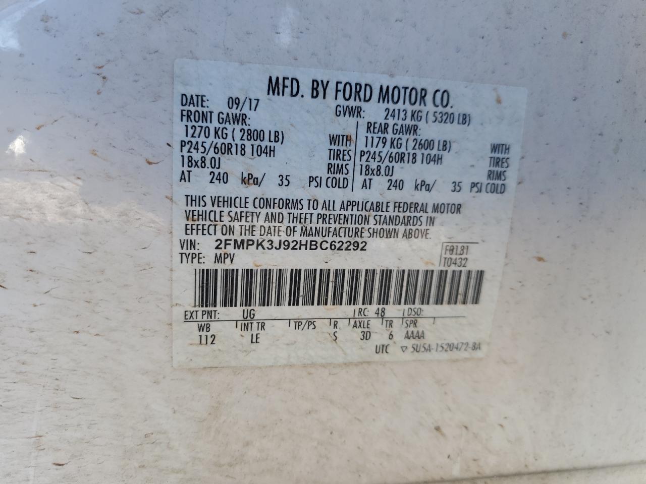 2017 Ford Edge Sel VIN: 2FMPK3J92HBC62292 Lot: 90946205