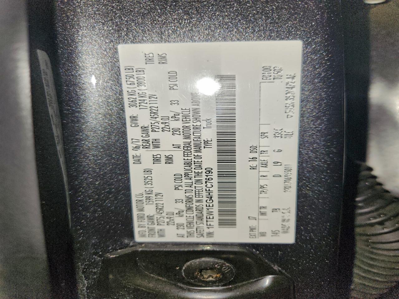 2017 Ford F150 Supercrew VIN: 1FTEW1EG4HFC76190 Lot: 93432845