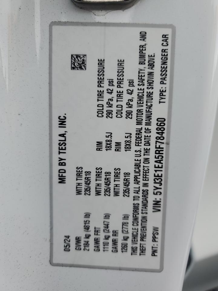 2024 Tesla Model 3 VIN: 5YJ3E1EA5RF784860 Lot: 92264905