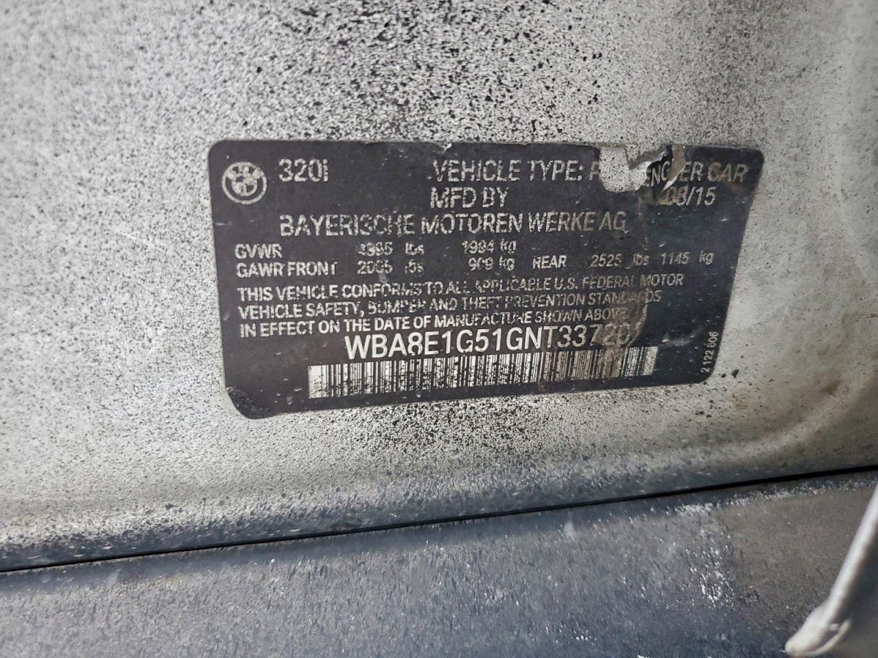 2016 BMW 320 I VIN: WBA8E1G51GNT33720 Lot: 93959295