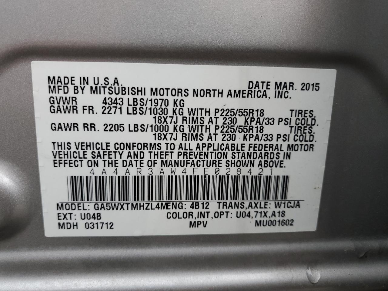 2015 Mitsubishi Outlander Sport Es VIN: 4A4AR3AW4FE028421 Lot: 93314905