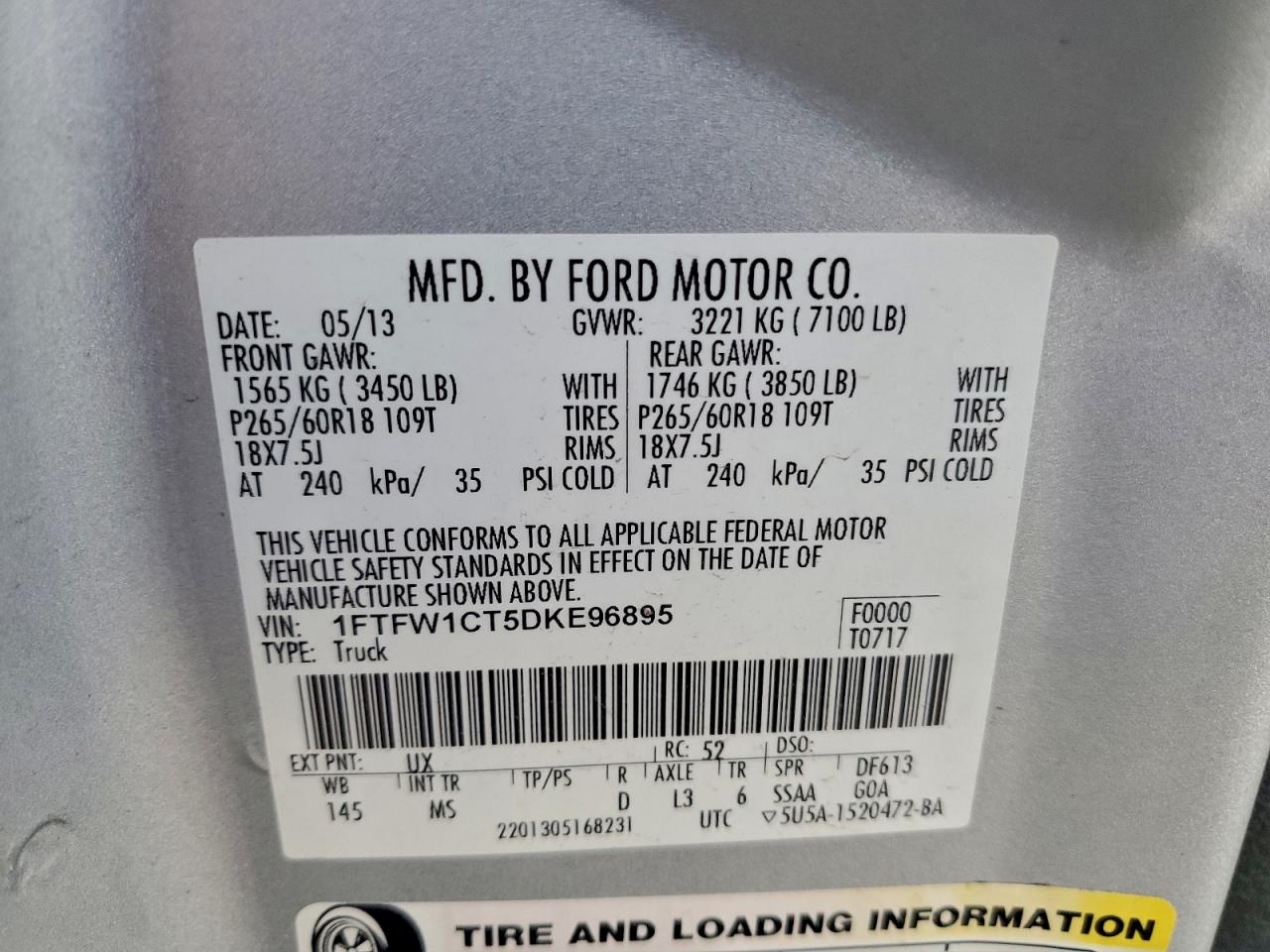 2013 Ford F150 Supercrew VIN: 1FTFW1CT5DKE96895 Lot: 93949615