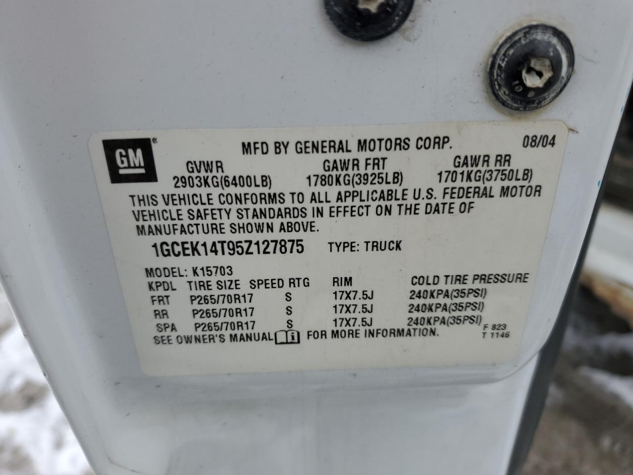 2005 Chevrolet Silverado K1500 VIN: 1GCEK14T95Z127875 Lot: 92086995