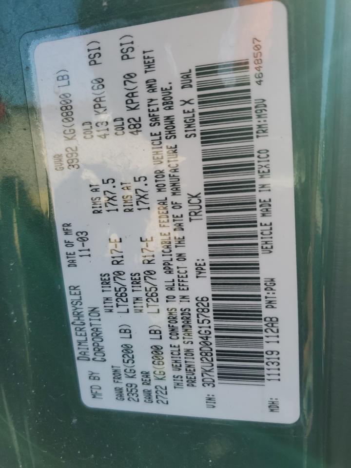 2004 Dodge Ram 2500 St VIN: 3D7KU28D04G157826 Lot: 92030845