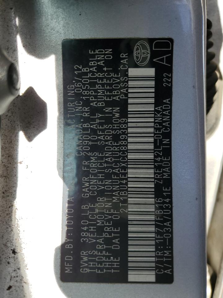 2012 Toyota Corolla Base VIN: 2T1BU4EEXCC889389 Lot: 90914425