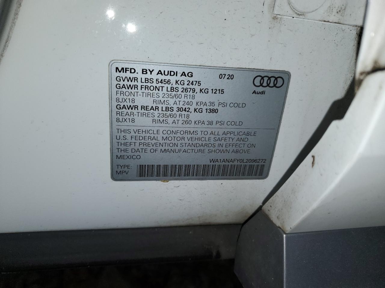 2020 Audi Q5 Premium VIN: WA1ANAFY0L2096272 Lot: 92082435